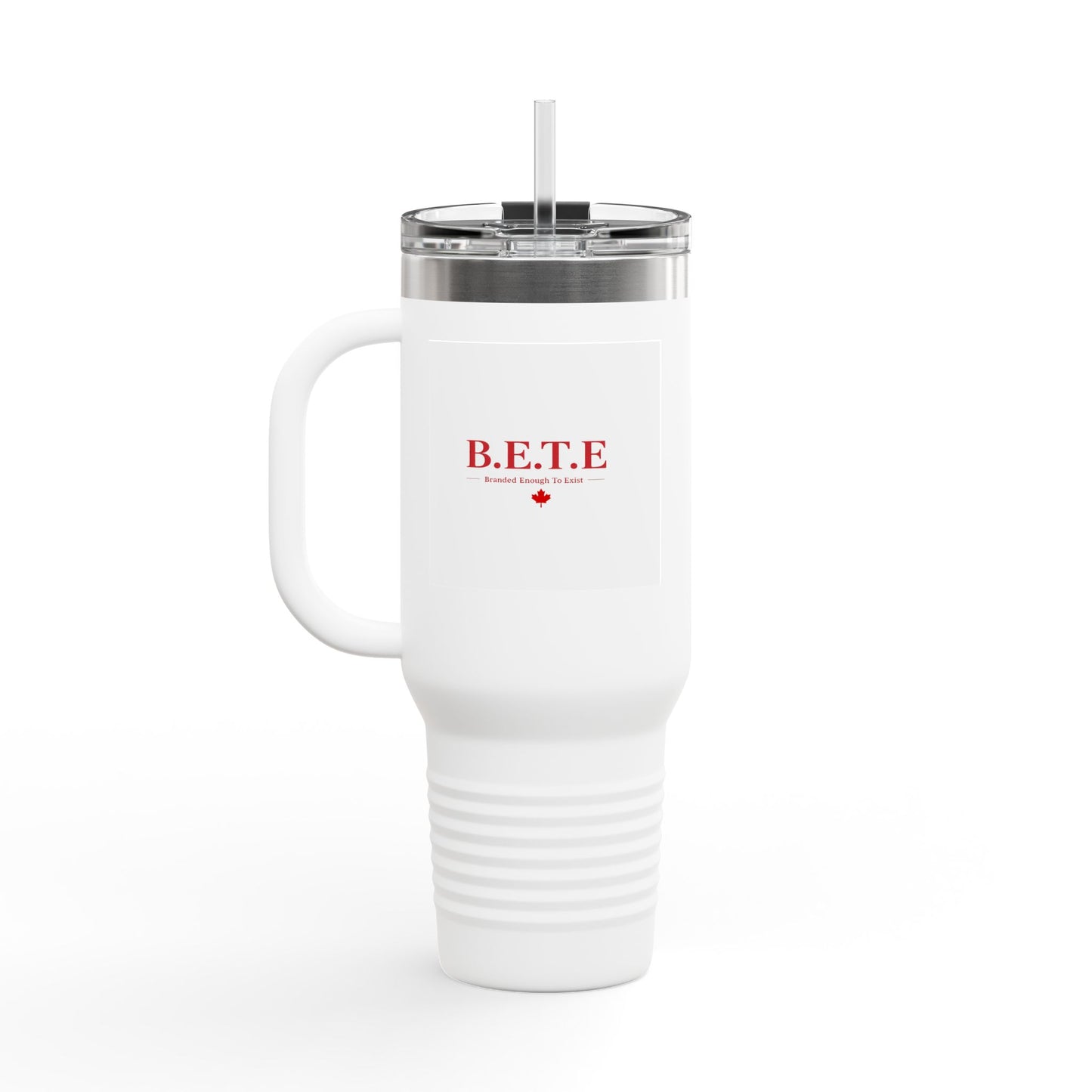 White travel mug with red text on a white background