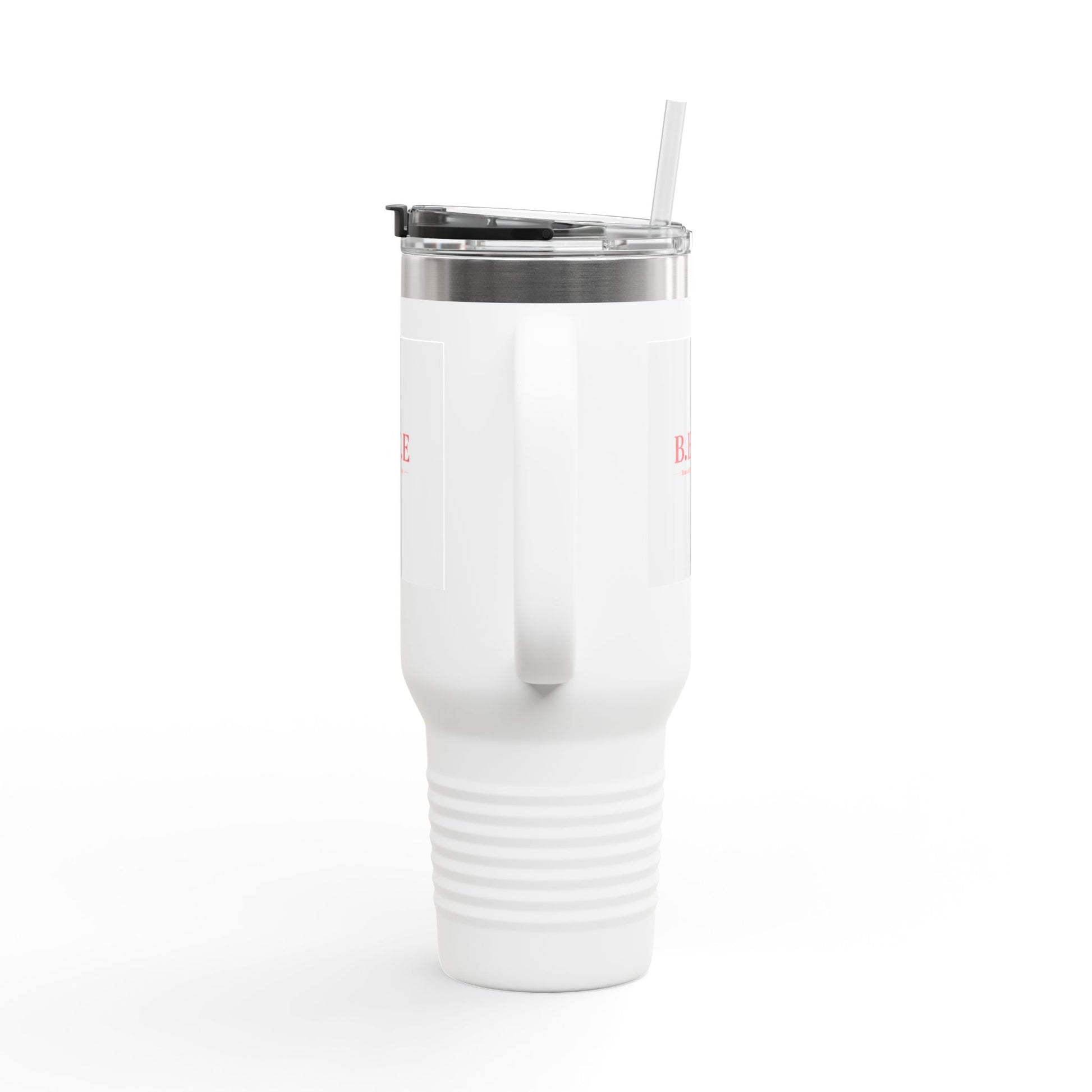White tumbler with a straw on a white background