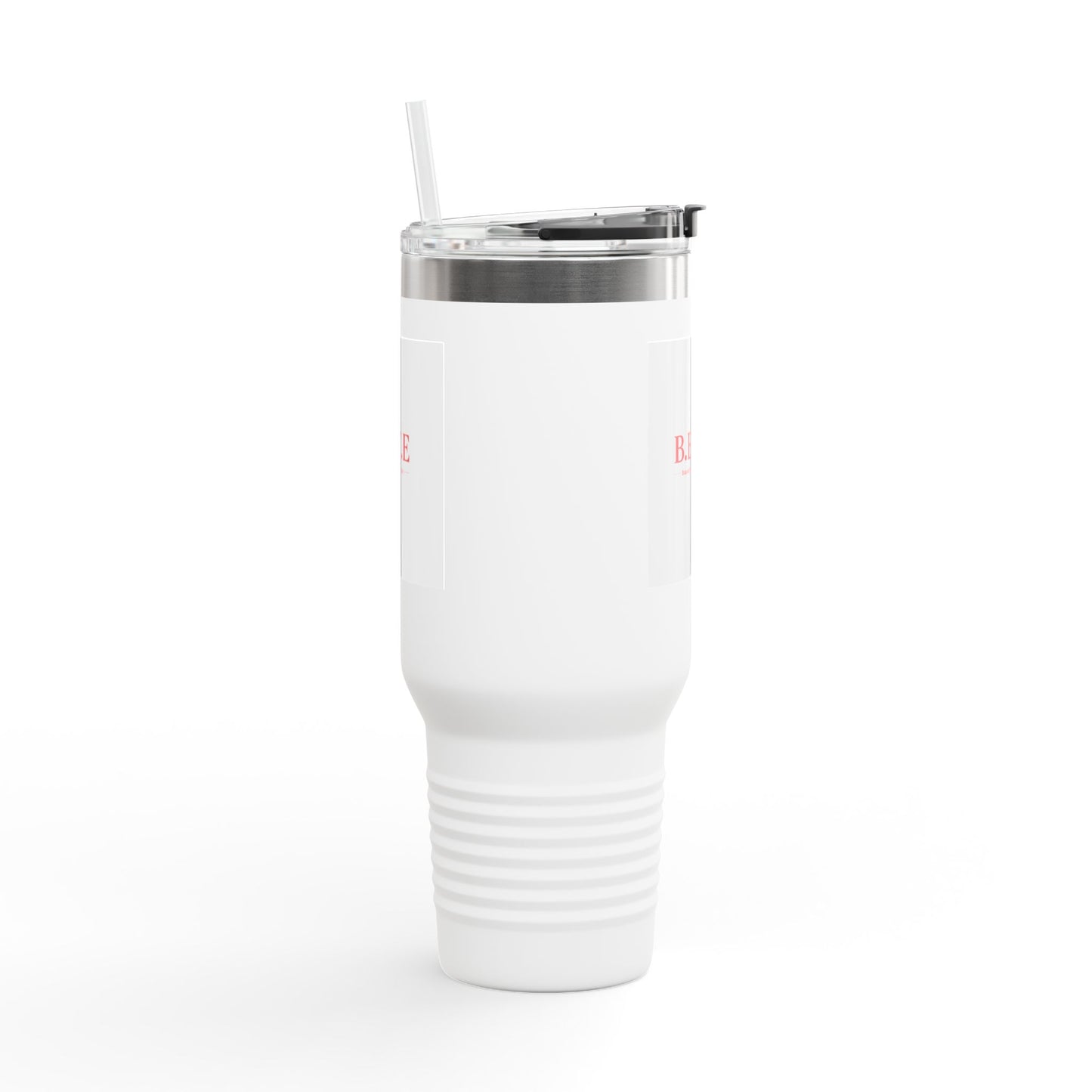 White tumbler with silver rim and straw on a white background