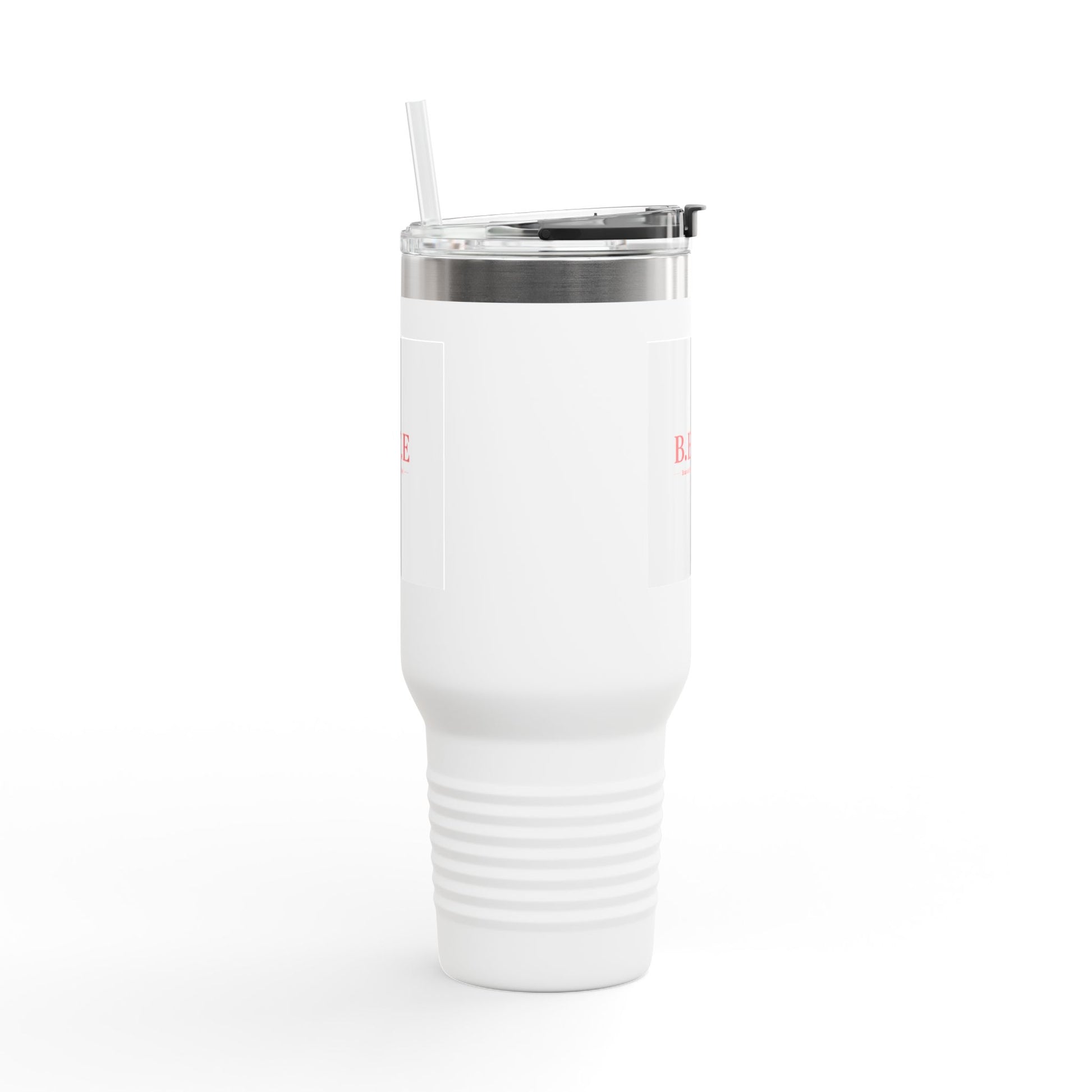 White tumbler with silver rim and straw on a white background
